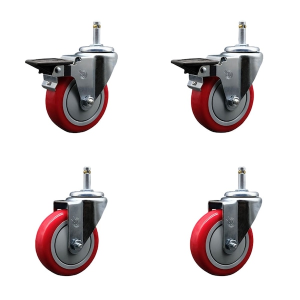 Service Caster 4'' Red Poly Wheel Swivel 7/16'' Grip Ring Stem Caster Set 2 Brakes, 4PK SCC-GR20S414-PPUB-RED-PLB-716138-2S2 - main